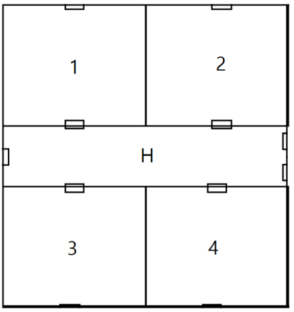 План этажа: комнаты 1 и 2 сверху, комнаты 3 и 4 снизу, между ними коридор. Все комнаты имеют выход только в коридор.