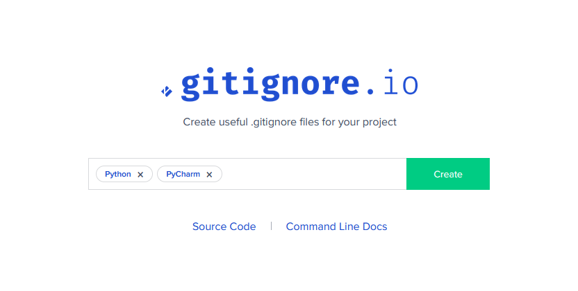 Вид сайта gitignore.io. В поле отмечены "Python" и "PyCharm", справа - кнопка "Create".