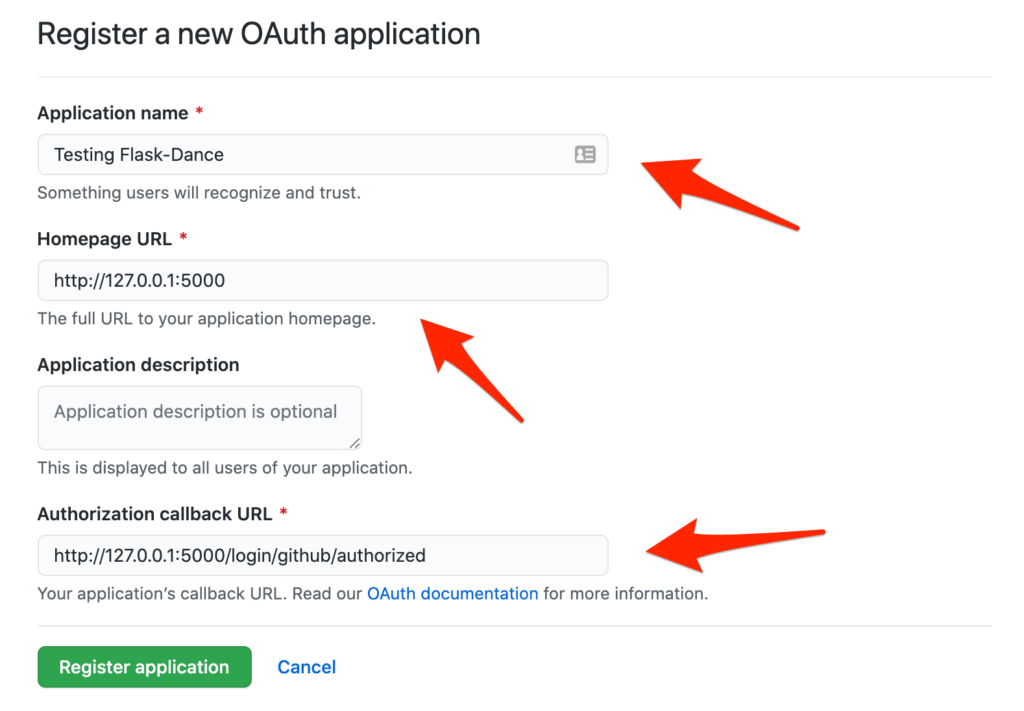 Форма регистрации нового OAuth-приложения. Красные стрелки указывают на поля имени приложения, URL домашней страницы и URL обратного вызова авторизации.