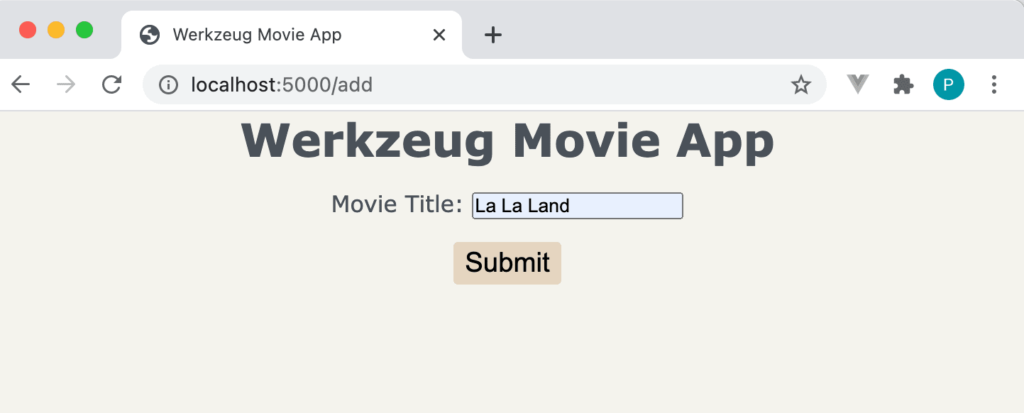 На странице выводтся текст "Werkzeug Movie App", а под ним окошко для ввода названия фильма и кнопка Submit